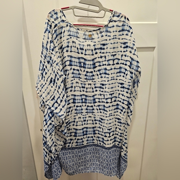 Hawaiian Tropic Tie-Dye Tunic Top Blue White Boho Beachwear P/S - Picture 6 of 9